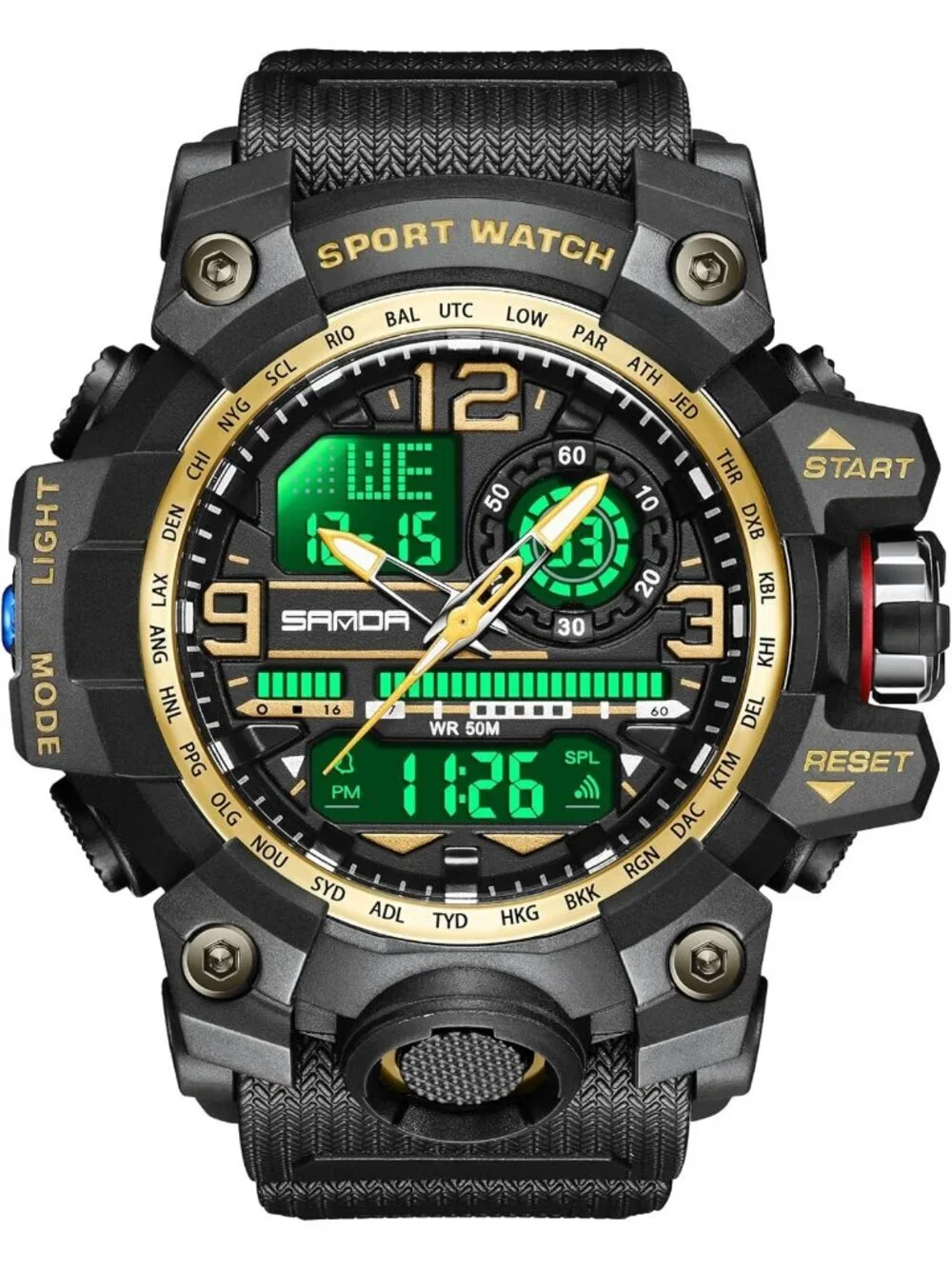 Men's Black Gold Analog Quartz Waterproof Military Sports Outdoor Digital Watch